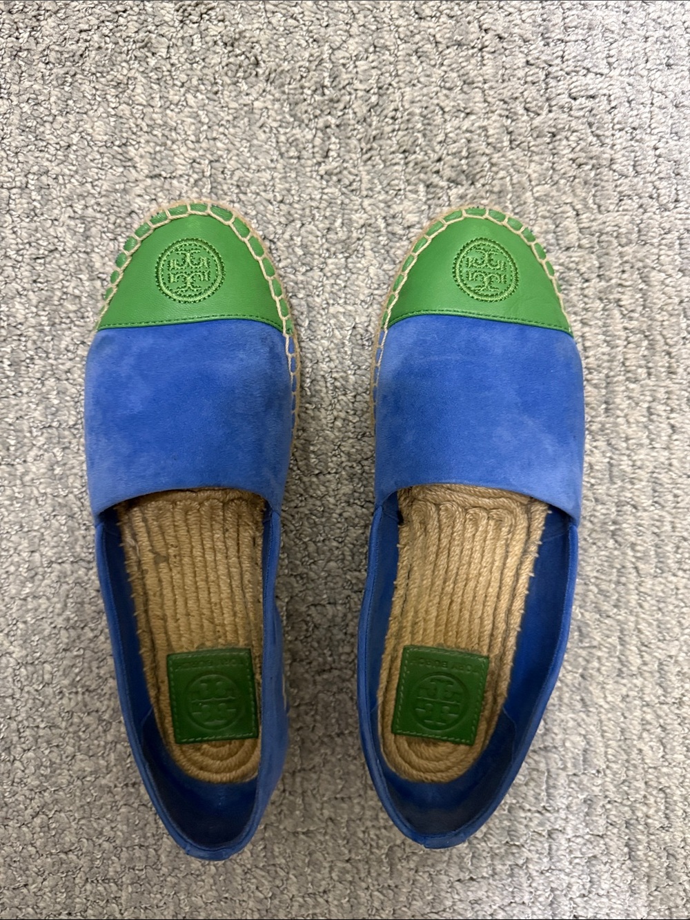 Tory Burch Blue Suede Espadrilles with Green Toe Cap